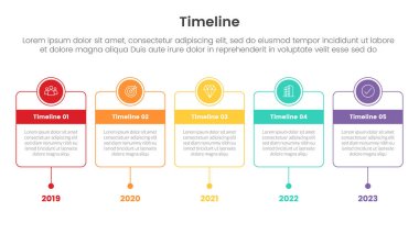 Slayt sunum şablonu için 5 noktalı çember rozetli ana çizgi kutulu nokta bilgisinin zaman çizelgesi