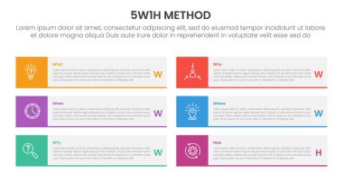 Büyük dikdörtgen ve kare rozetli 5W1H analizi sunum vektörü için 6 adım noktası