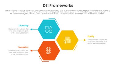 DEI organizational frameworks infographic 3 point with hexagon or hexagonal shape vertical stack for slide presentation vector clipart