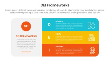 DEI organizasyonel çerçeveleri slayt sunum vektörü için yığın listesi olan büyük yuvarlak dikdörtgen kutulu 3 nokta