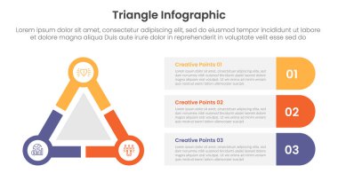 Üçgen tabanlı bilgi şablonu pankartı büyük üçgen ve kenarlarında daire şeklinde yuvarlak dikdörtgen kutu kabı ile slayt sunum vektörü için 3 noktalı