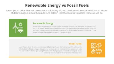 Yenilenebilir enerji, fosil yakıtlara karşı, iki nokta listesi bilgi vektörü ile uzun dikdörtgen kutu yatay yığını ile bilgi şablonu pankartı karşılaştırma kavramı