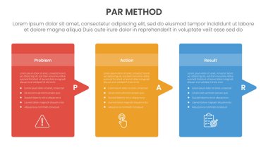 Slayt sunum vektörü için sağ tarafı ok yönlü yuvarlak kutu kabı ile PAR yöntemi bilgi 3 noktası