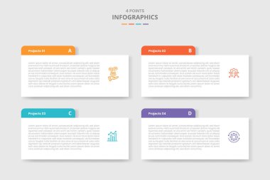 Dikdörtgen kutulu ve yuvarlak başlık rozetli 4 noktalı bilgi şablonu 4 aşama listesi bilgi vektörü