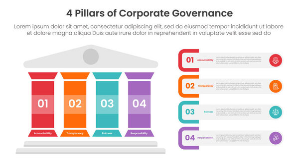 4 pillars corporate governance infographic template banner with colorfull pillar and rectangle round container for slide presentation vector