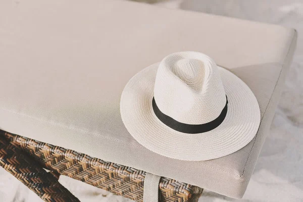 Fedora Hat Sunbed Beach Vacation Relax Concept Sun Protection Accessory — Stock Photo, Image