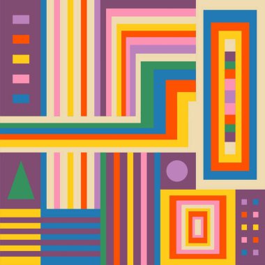 Dairesel motifler, geometrik şekiller ve çeşitli yazı tipleriyle renkli soyut kompozisyon.