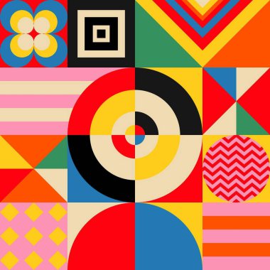 Dairesel motifler, geometrik şekiller ve çeşitli yazı tipleriyle renkli soyut kompozisyon.