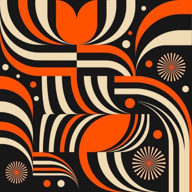 Dairesel motifler, geometrik şekiller ve çeşitli yazı tipleriyle renkli soyut kompozisyon.