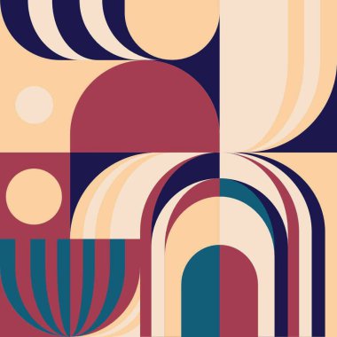 Dairesel motifler, geometrik şekiller ve çeşitli yazı tipleriyle renkli soyut kompozisyon.