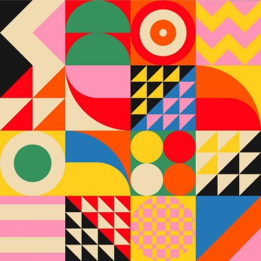 Dairesel motifler, geometrik şekiller ve çeşitli yazı tipleriyle renkli soyut kompozisyon.