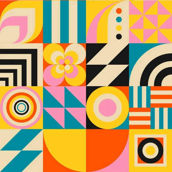 Kleurrijke Abstracte Compositie Met Ronde Motieven Geometrische Vormen Diverse Lettertypen — Stockfoto