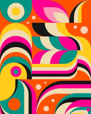 Dairesel motifler, geometrik şekiller ve çeşitli yazı tipleriyle renkli soyut kompozisyon.