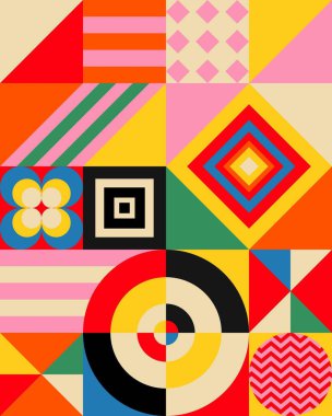 Dairesel motifler, geometrik şekiller ve çeşitli yazı tipleriyle renkli soyut kompozisyon.