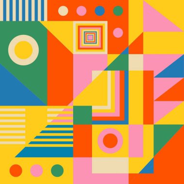 Dairesel motifler, geometrik şekiller ve çeşitli yazı tipleriyle renkli soyut kompozisyon.