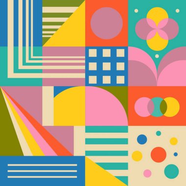 Dairesel motifler, geometrik şekiller ve çeşitli yazı tipleriyle renkli soyut kompozisyon.