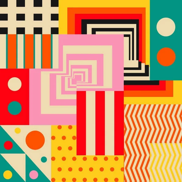 Dairesel motifler, geometrik şekiller ve çeşitli yazı tipleriyle renkli soyut kompozisyon.