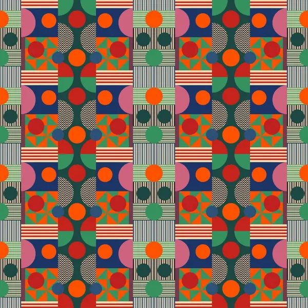 Dairesel motifler, geometrik şekiller ve çeşitli yazı tipleriyle renkli soyut kompozisyon.