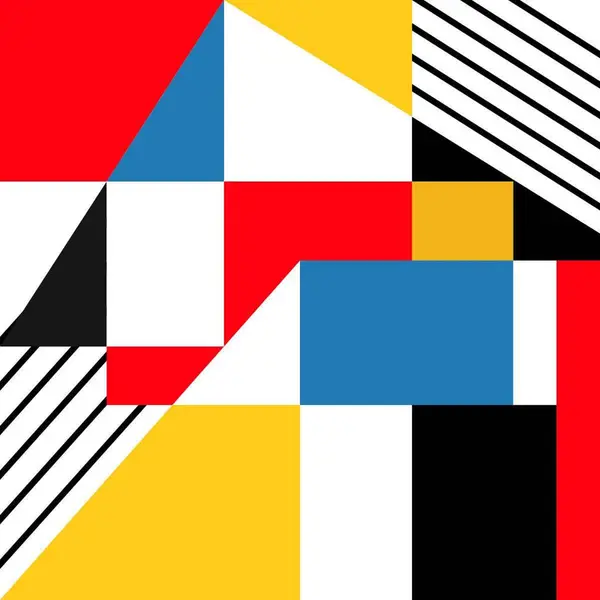 Dairesel motifler, geometrik şekiller ve çeşitli yazı tipleriyle renkli soyut kompozisyon.