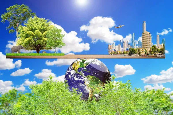 Carbon Neutral and ESG Concepts Carbon Emissions Clean Energy Globe Balance between Sustainable Resource Forests Caring for the Environment and Polluted Cities