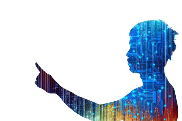 Think of humans and technology in the virtual world. The concept of A.I. technology that is playing a role in human beings. silhouette of people with electronic circuits on a white background