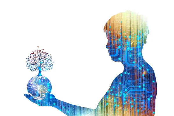 Think of humans and technology in the virtual world. The concept of A.I. technology that is playing a role in human beings. silhouette of people with electronic circuits on a white background
