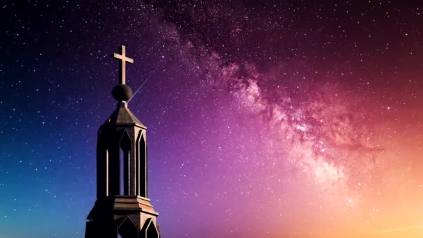 Krucyfiks Szczycie Kościoła Chrześcijańskiego Tle Drogi Mlecznej Koncepcja Boga Nadziei — Wideo stockowe