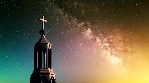 Samanyolu Nun Zeminine Karşı Hıristiyan Kilisesinin Tepesindeki Haç Tanrı Umut — Stok video