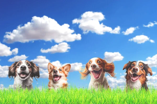 Many happy dogs in the grass with copyspace