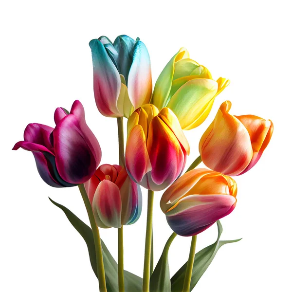 tulips with green leaves isolated on white background, 3d illustration