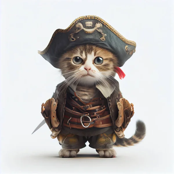 Full body of cute pirate cat on white background, 3d illustration