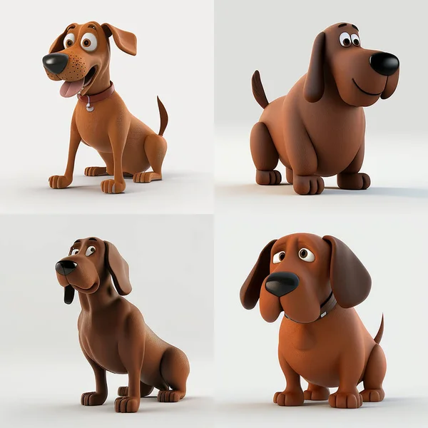 Collage of cartoon brown dogs on white background, 3d illustration