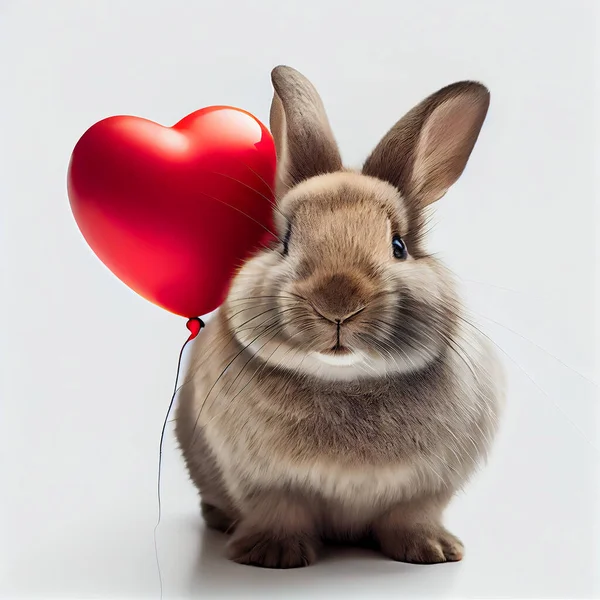 Full body of happy rabbit with heart shape balloon on light background, 3d illustration