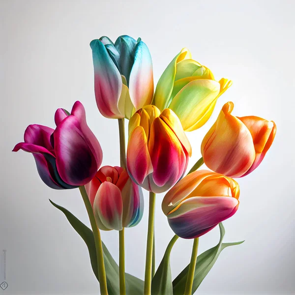 Multi-colored tulips with green leaves isolated on white background, 3d illustration