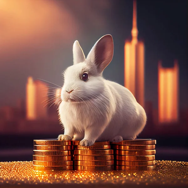 Full body of happy rabbit on heap of golden coins, 3d illustration