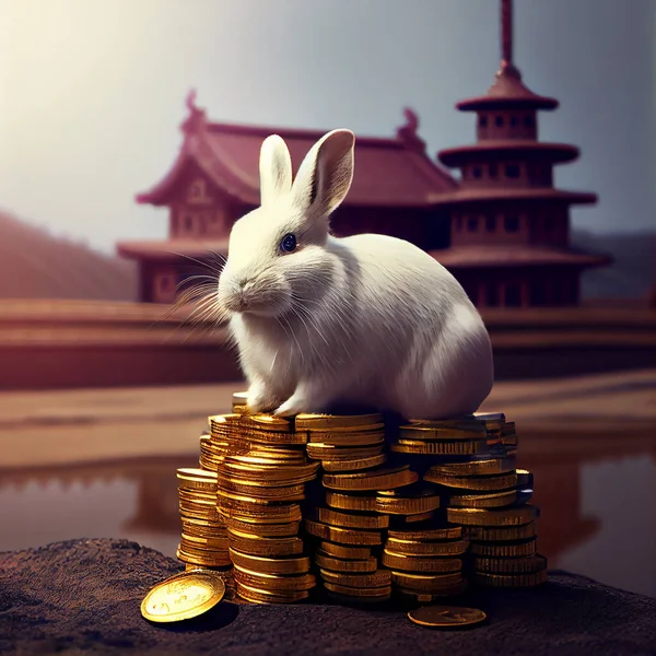 Full body of happy rabbit on heap of golden coins, 3d illustration