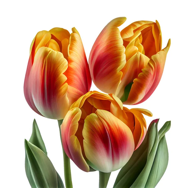 Multi-colored tulips with green leaves isolated on white background, 3d illustration
