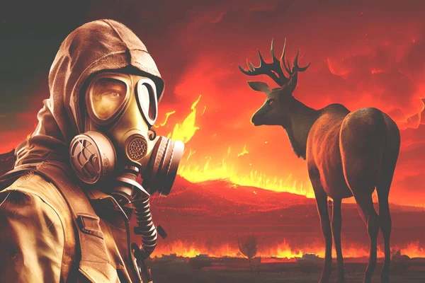Nuclear war concept, germ war. Man in gas mask against nuclear explosion and fire background