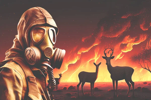Nuclear war concept, germ war. Man in gas mask against nuclear explosion and fire background