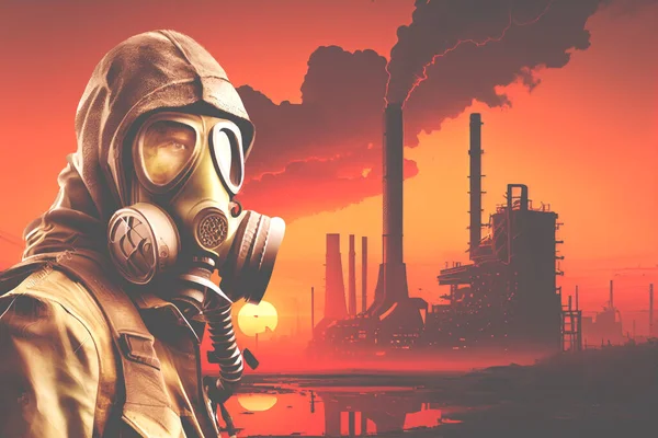 Nuclear war concept, germ war. Man in gas mask against nuclear explosion background
