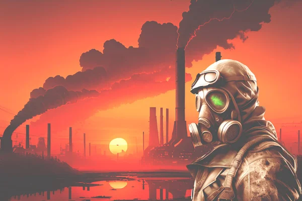 Nuclear war concept, germ war. Man in gas mask against nuclear explosion background