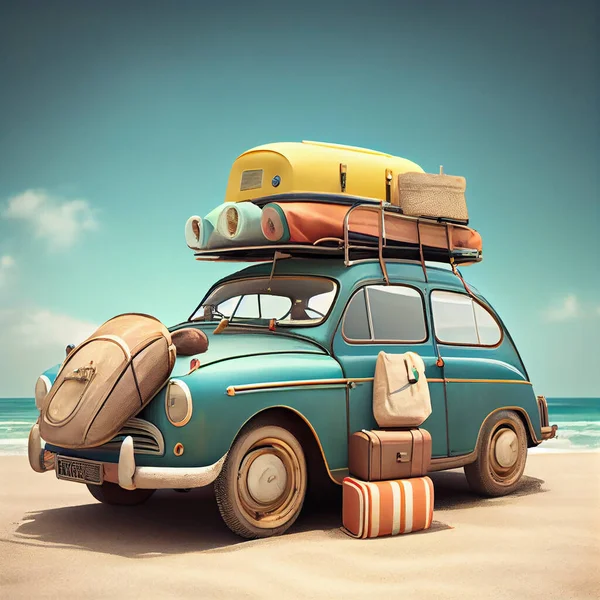 Small retro car with baggage on the roof on the beach