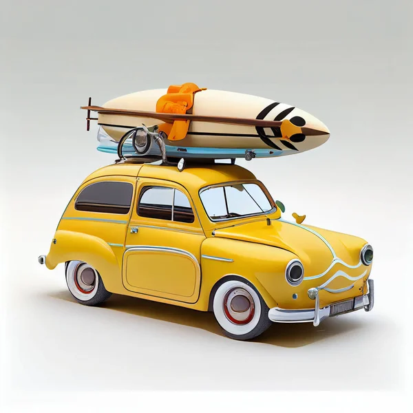 Small retro car with surfboard on the roof isolated no white background