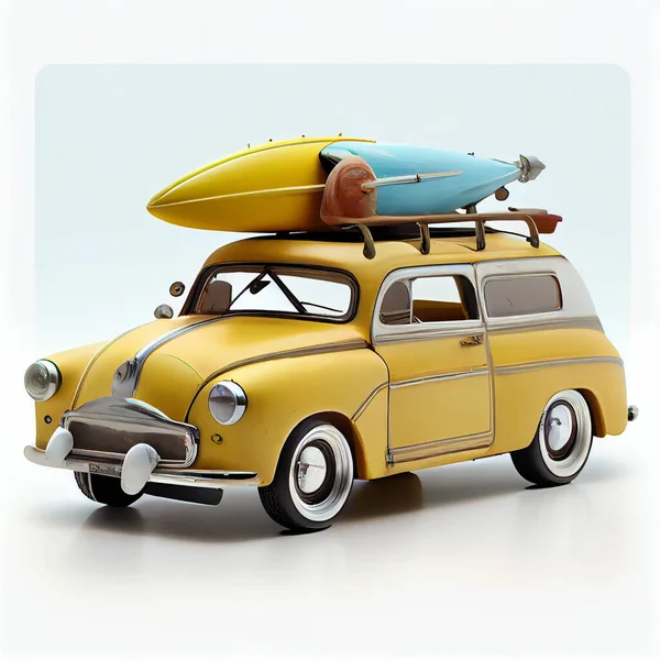 Small retro car with surfboard on the roof isolated no white background