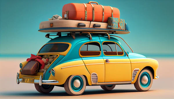 Small retro car with baggage on the roof on the beach