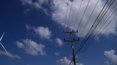 Mavi gökyüzüne karşı rüzgar türbinleri. Temiz enerji kavramı, alternatif enerji, rüzgar enerjisi ve çevresel koruma.