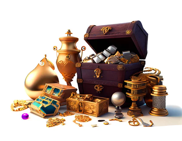 piles of treasures and chests isolated on white background