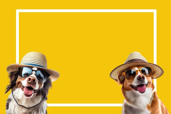 dogs in hats wearing sunglasses in summer. There is a frame for inserting content.
