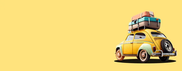 Small retro car with baggage on the roof on colorful background