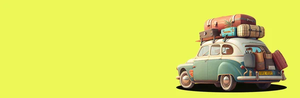Small retro car with baggage on the roof on colorful background